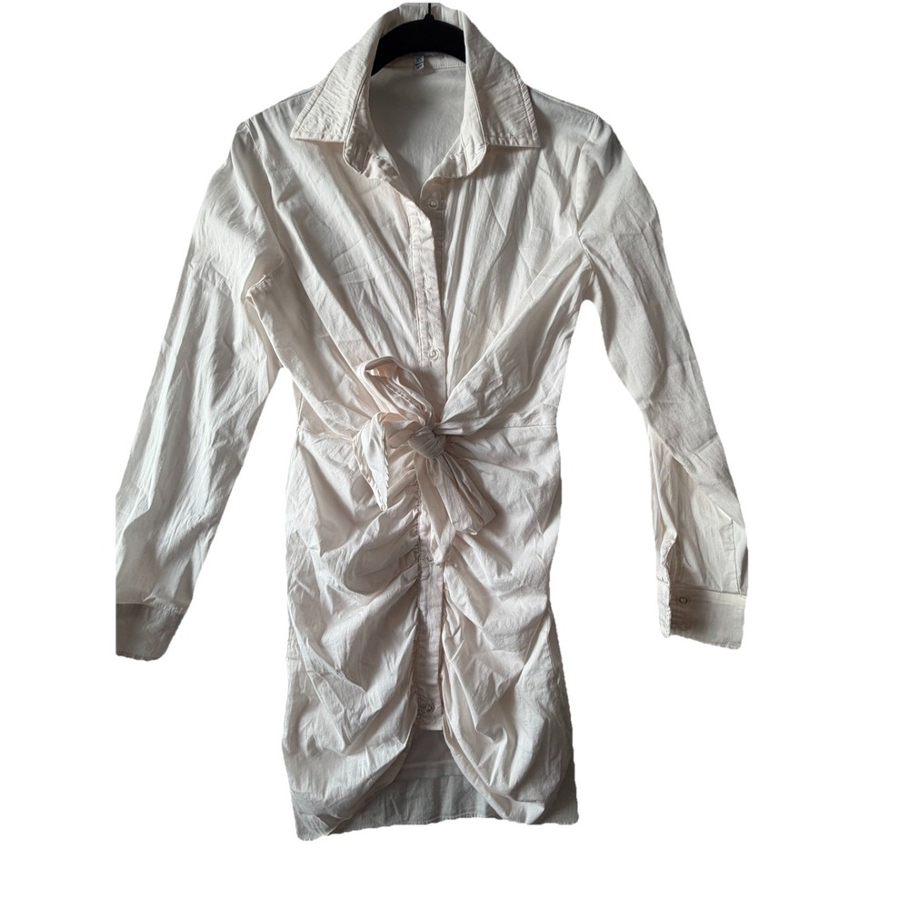 Fashion Nova Ruched Tie Front Shirt Dress White XS Button Up Long Sleeve